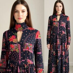 HORROCKSES Vintage RARE 60's Black Floral Keyhole Choker Long Sleeve Maxi Dress